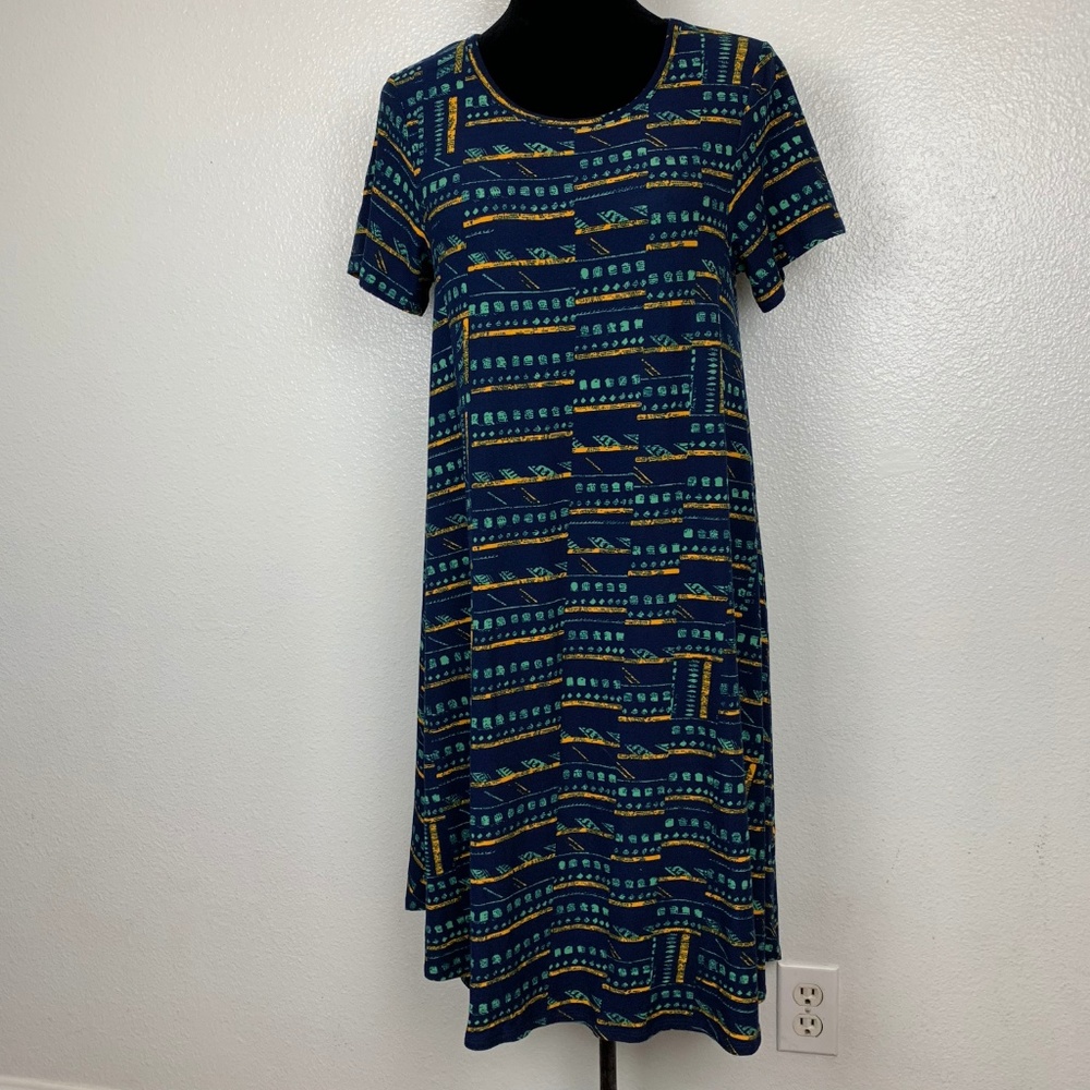 Lularoe Carly Dress Blue Yellow Teal Geometric
